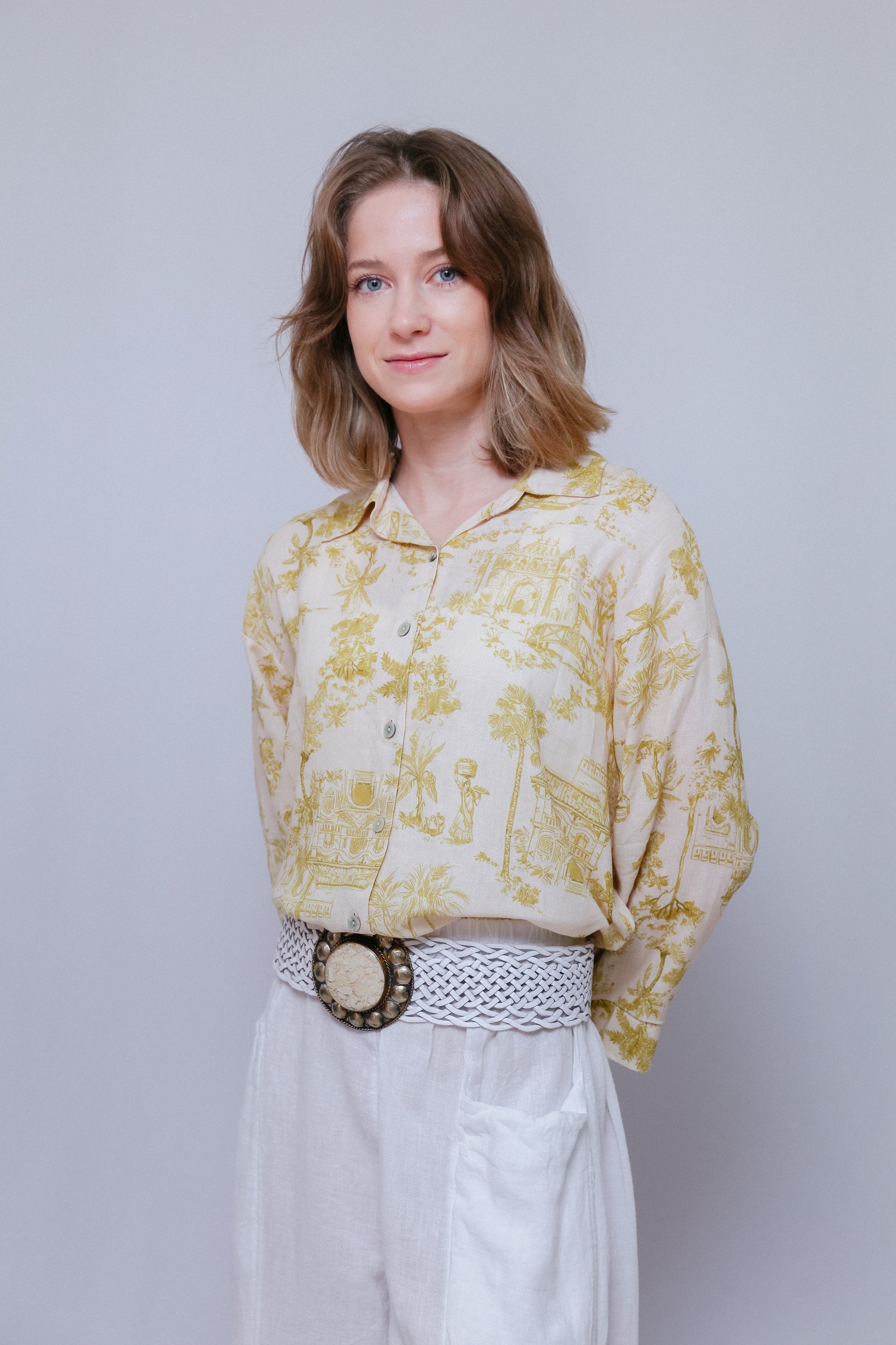 Print 3/4 Sleeve Top Moss Tuck In Front