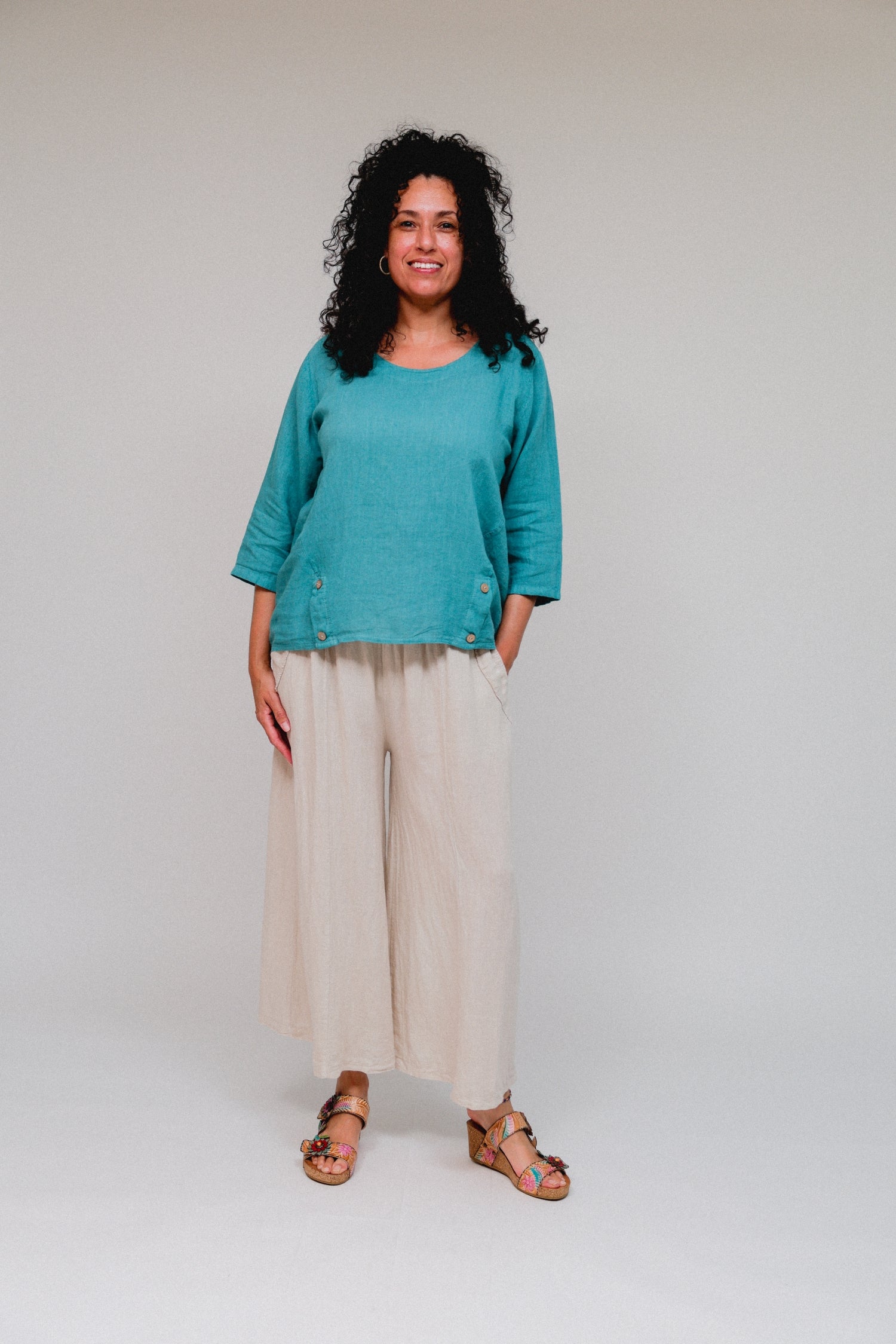 3/4 Sleeve Button Hem Top Teal Front