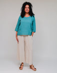 3/4 Sleeve Button Hem Top Teal Front