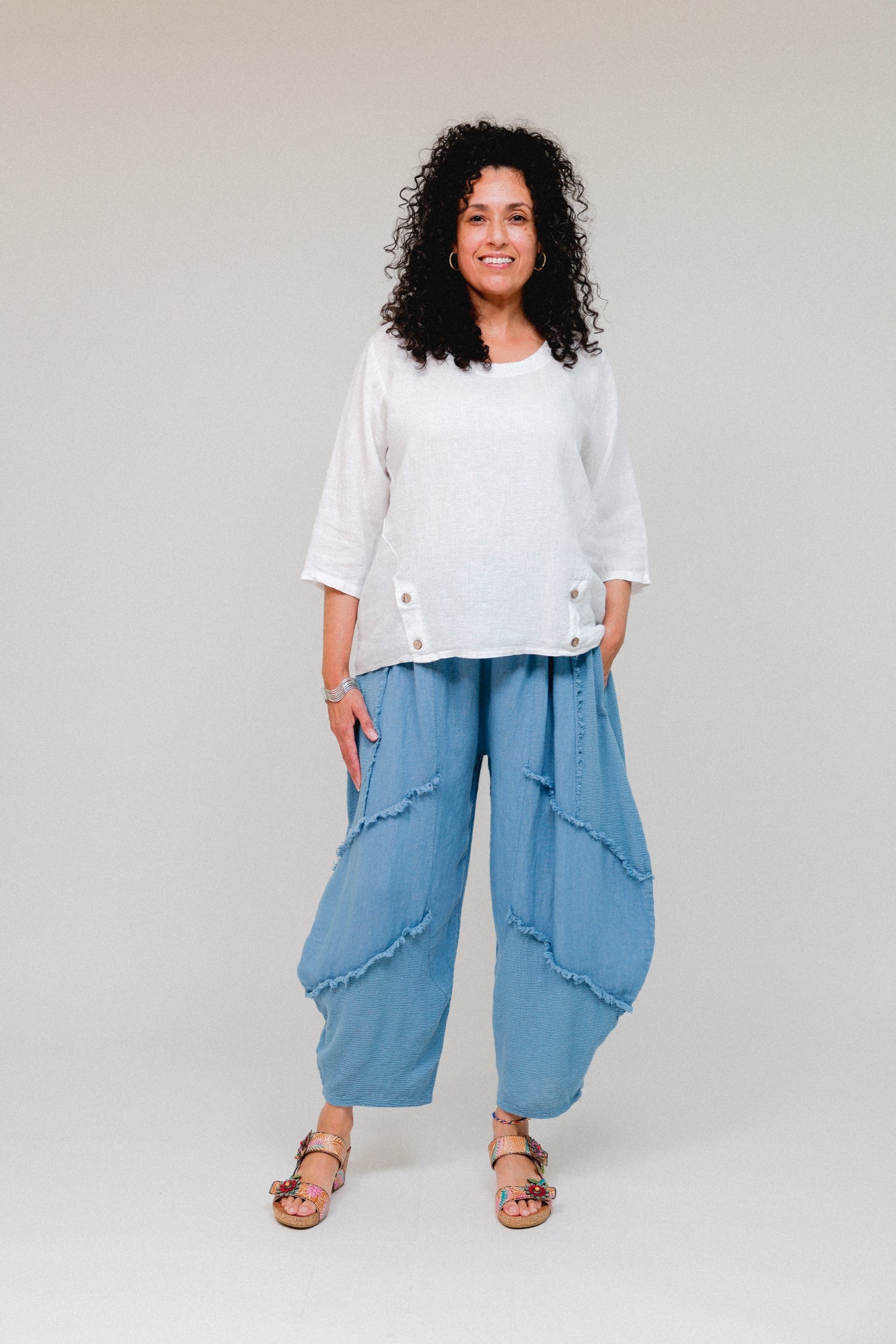 3/4 Sleeve Button Hem Top White Front