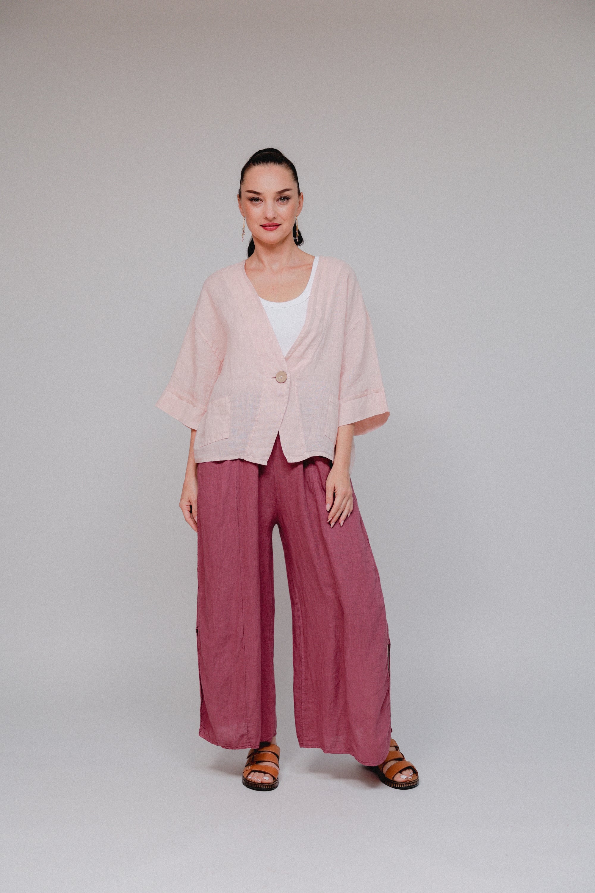 1-Button V Neck Top Pink Front