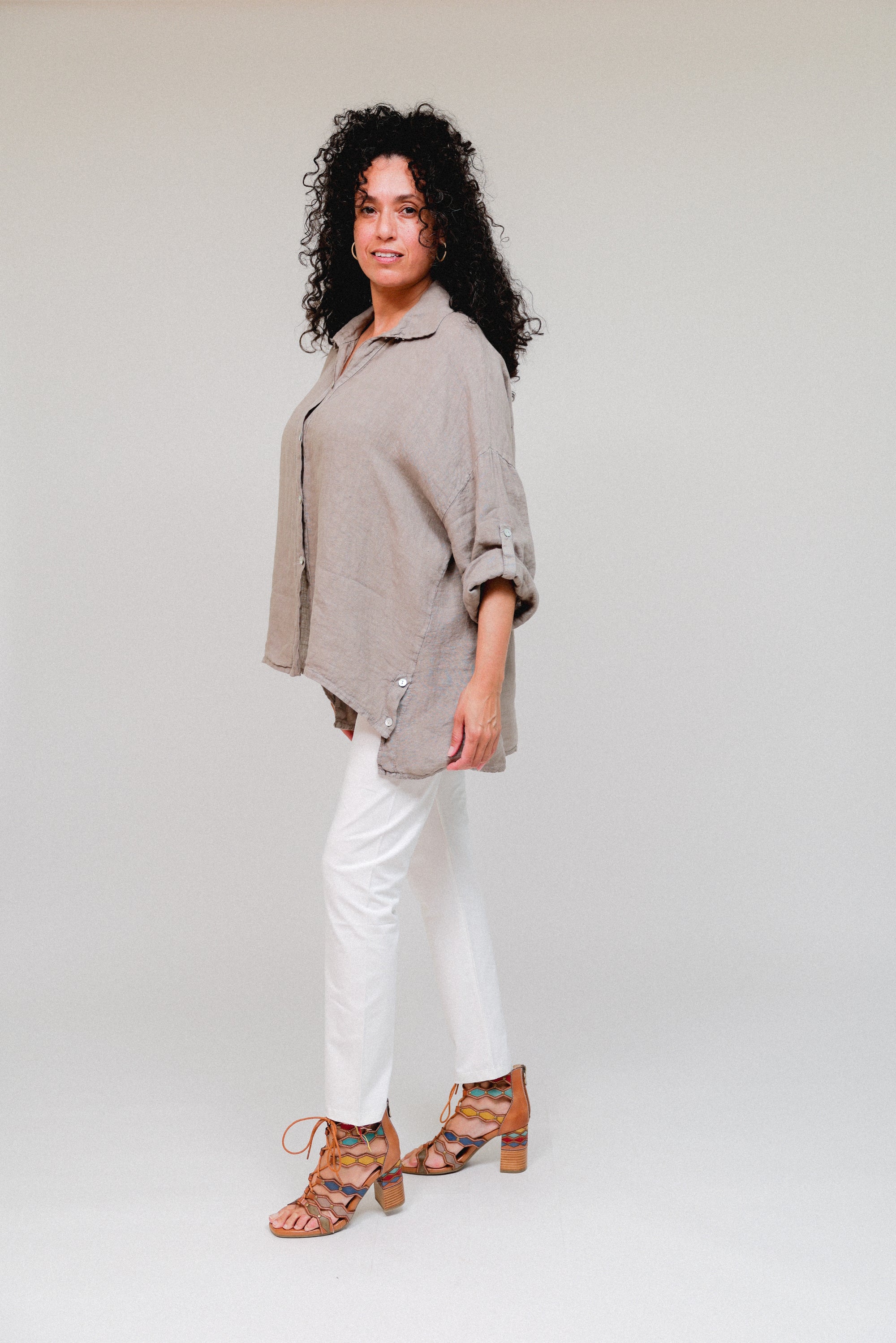Collar Button-Accent Sides Top Taupe Side