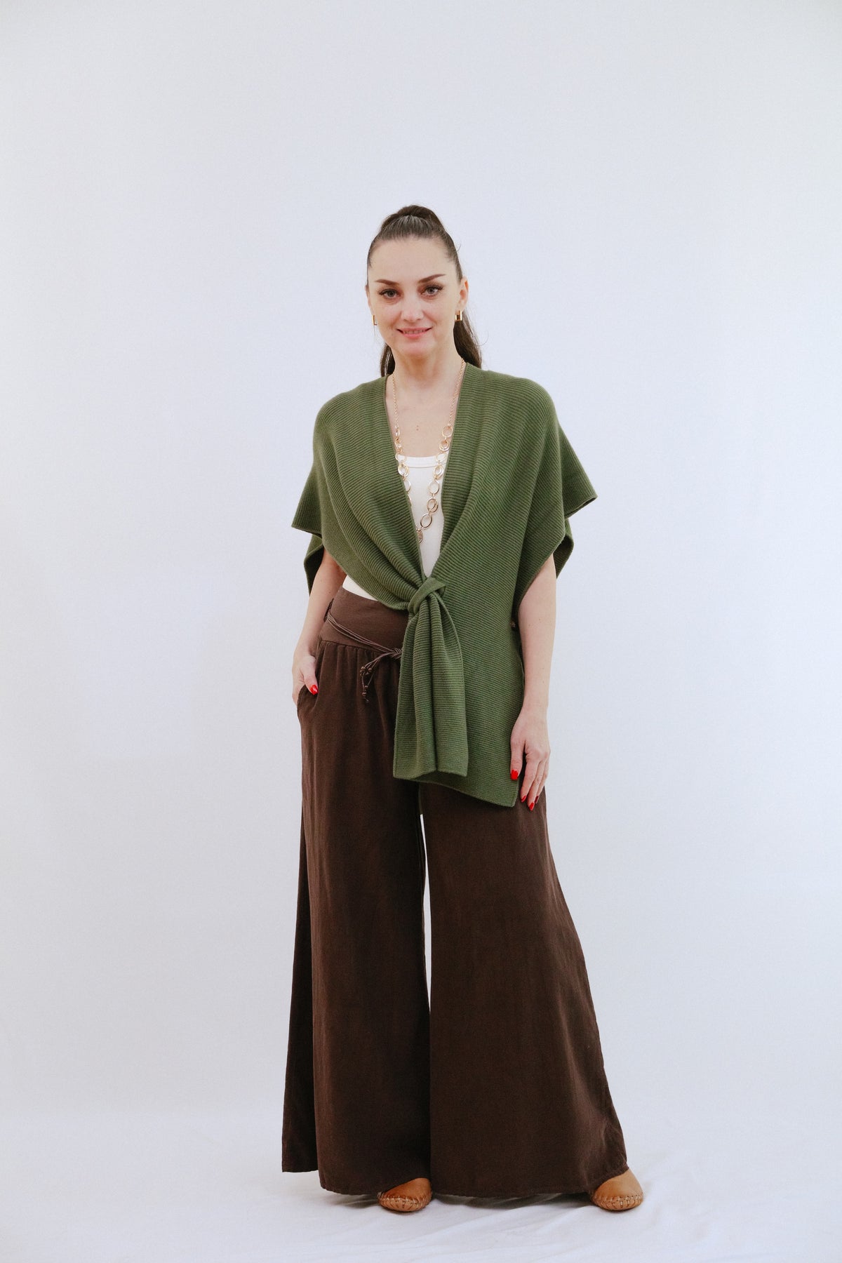 Side Button Loop Kimono in Olive_Front