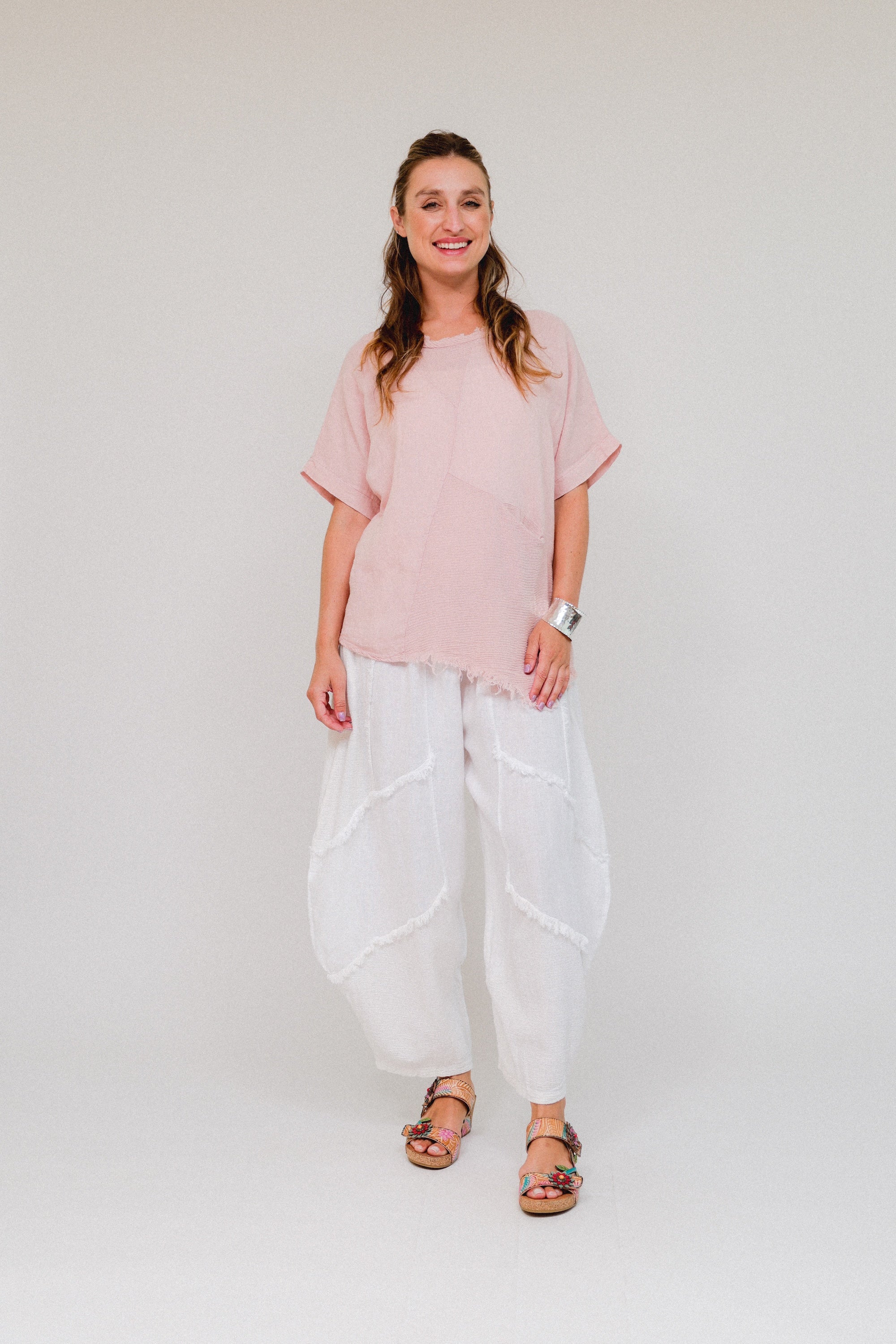 Frayed Neckline Assymetrical Top Pink Front