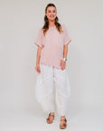 Frayed Neckline Assymetrical Top Pink Front