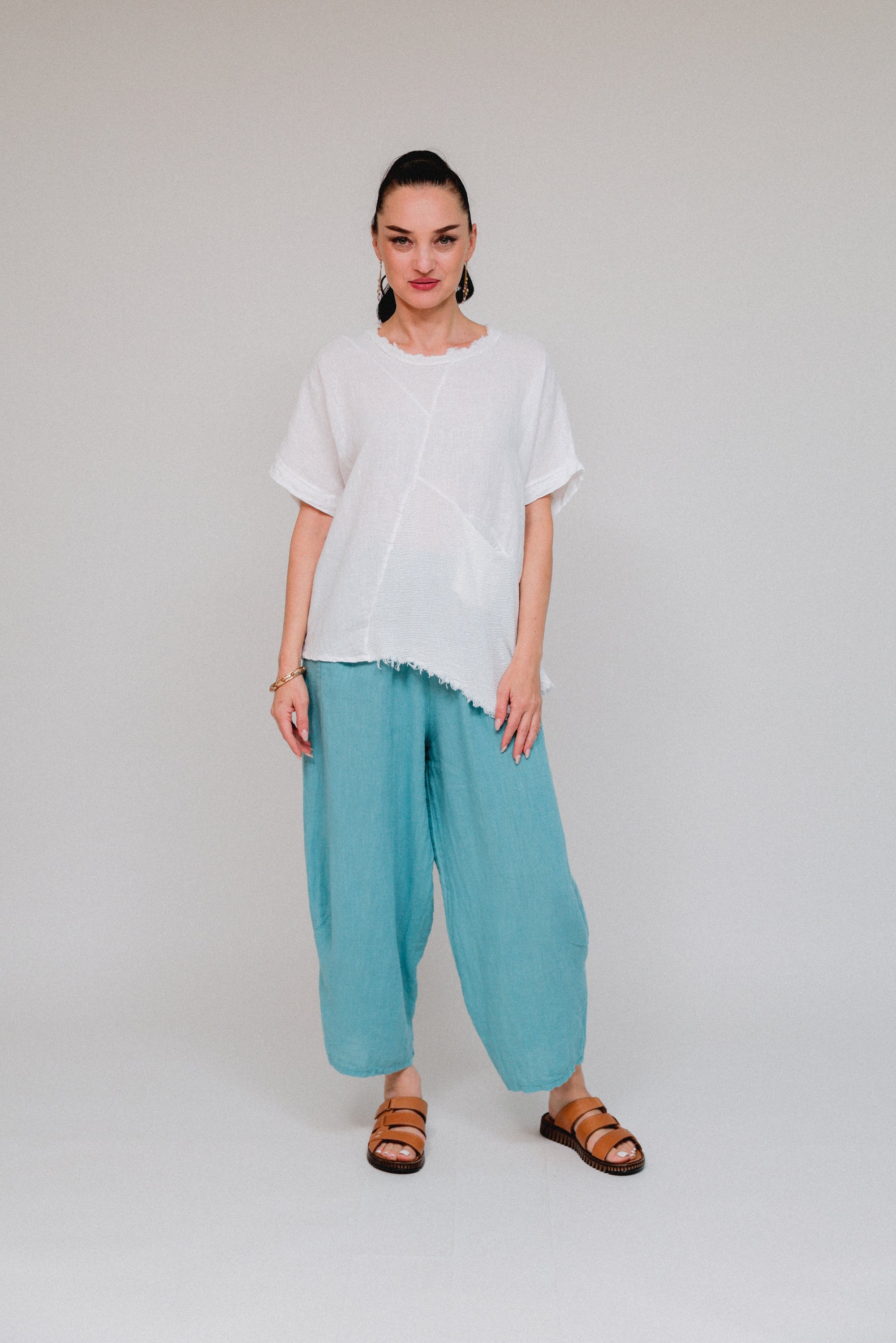 Frayed Neckline Assymetrical Top White Front