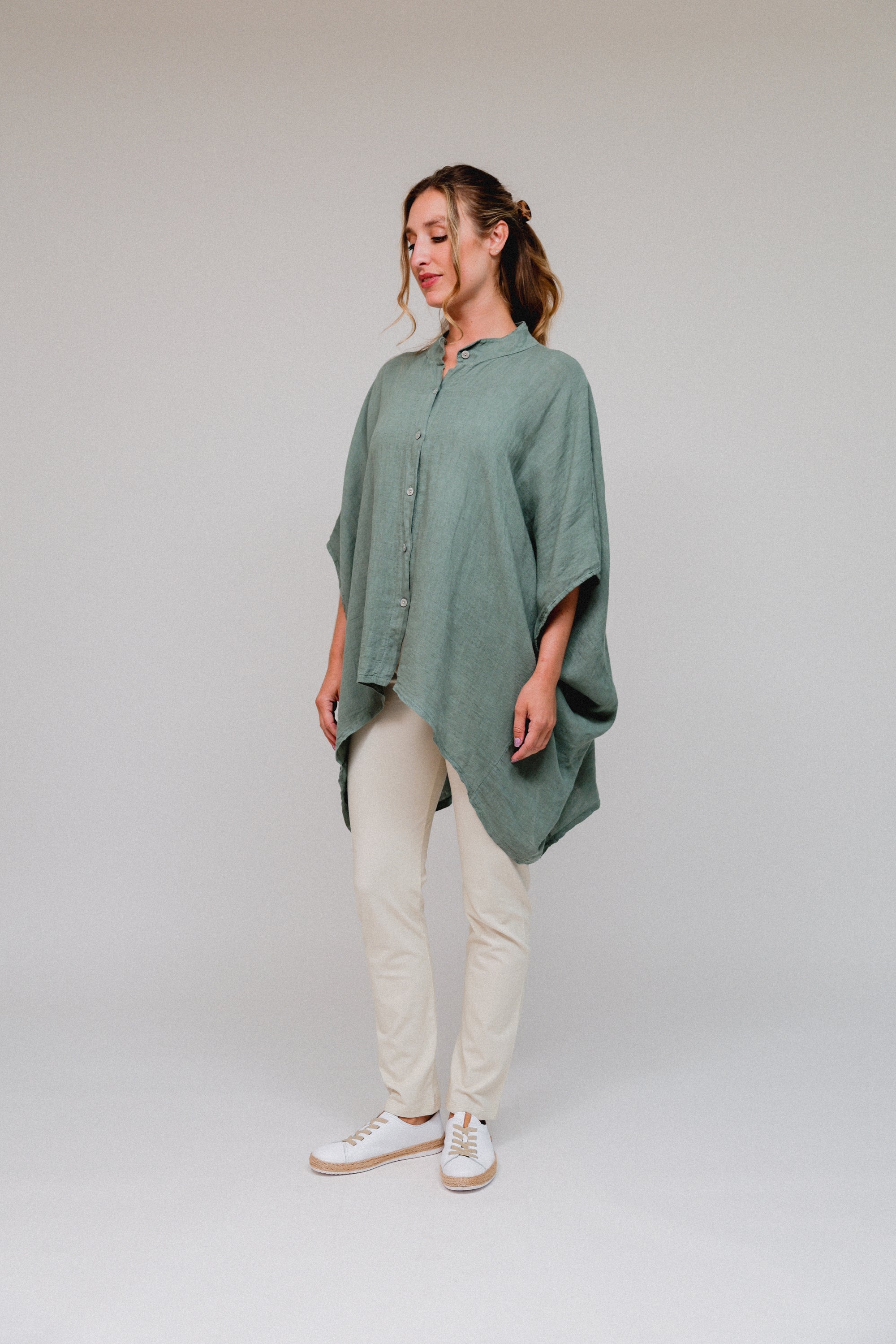 Priest Collar Dolman Sleeve Olive Front