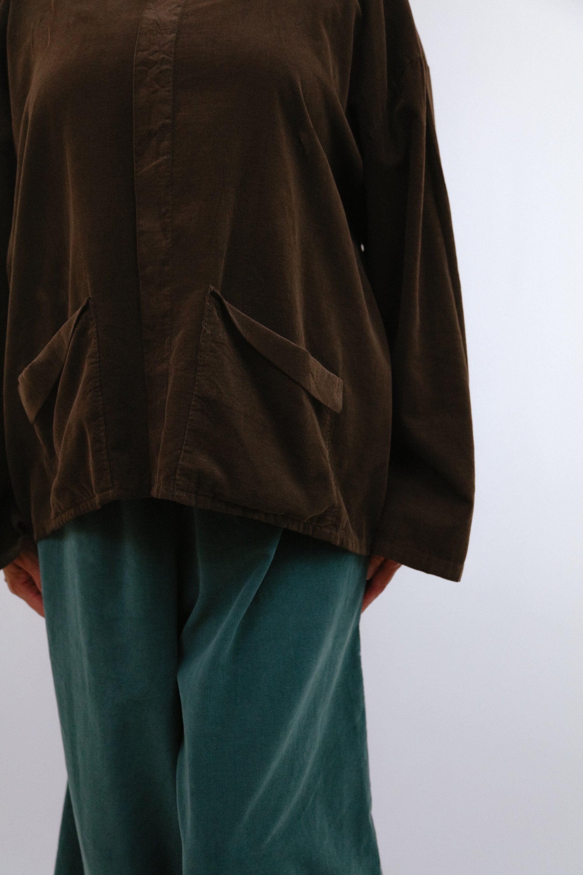 Center Seam Cowl Top Pocket Detail in Coc