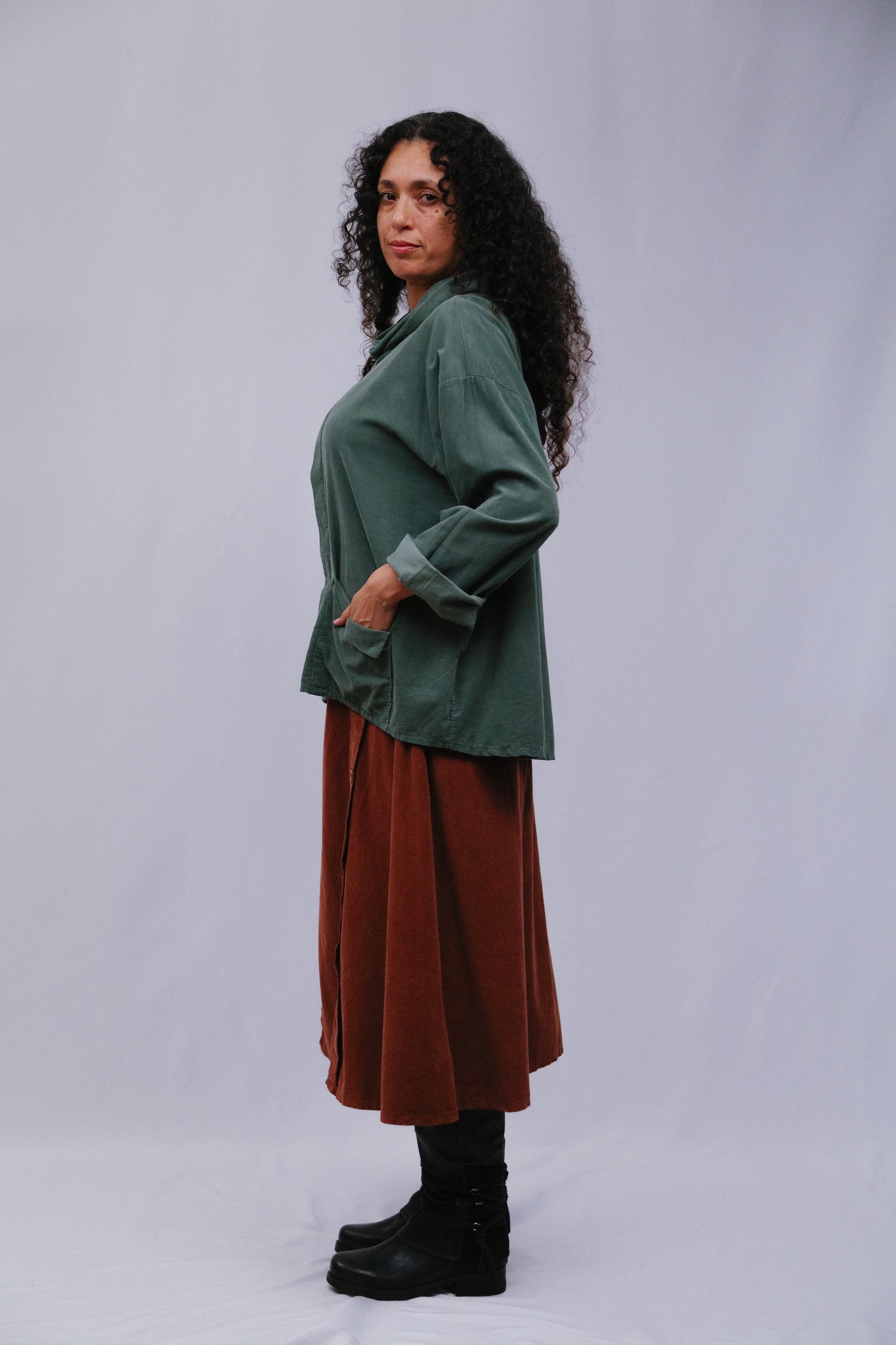 Center Seam Cowl Top Side View in Olive