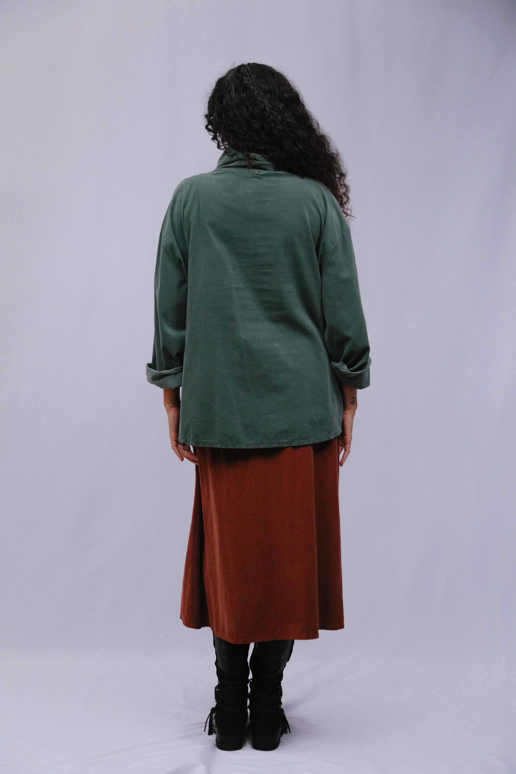 Center Seam Cowl Top Back View in Olive