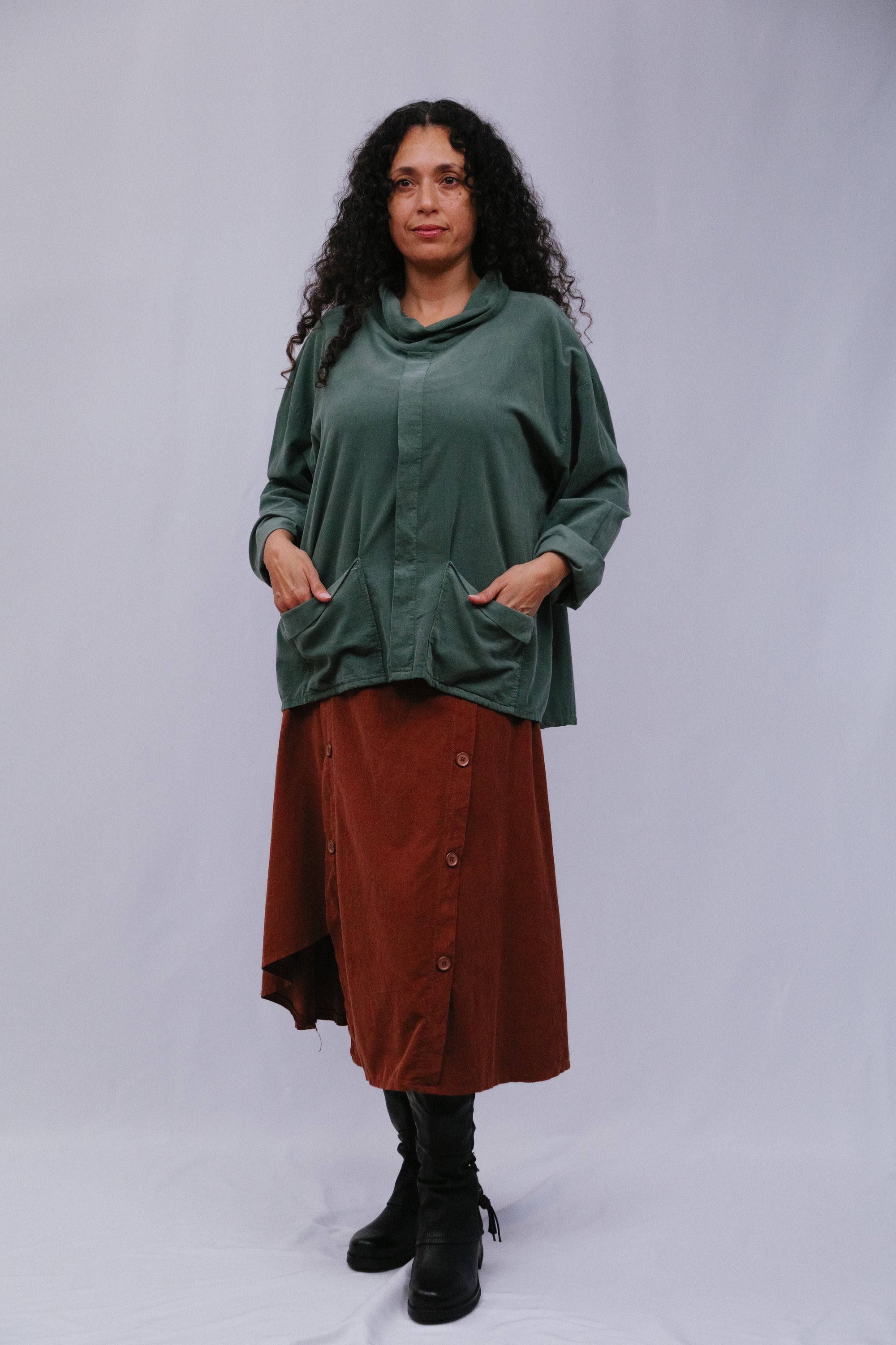 Center Seam Cowl Top Front View in Olive