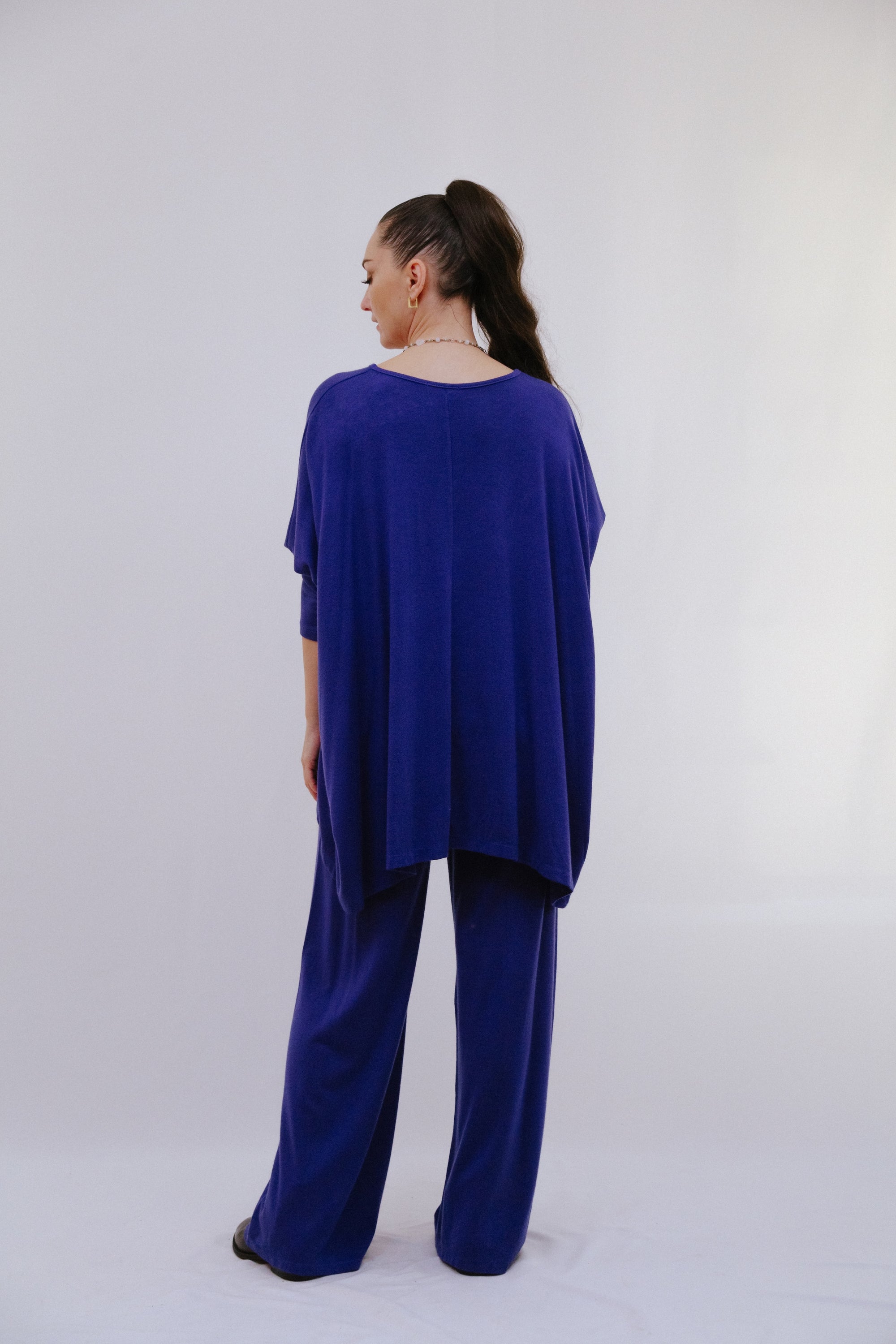 Saga V Neck One Pocket Top in Blue Back View