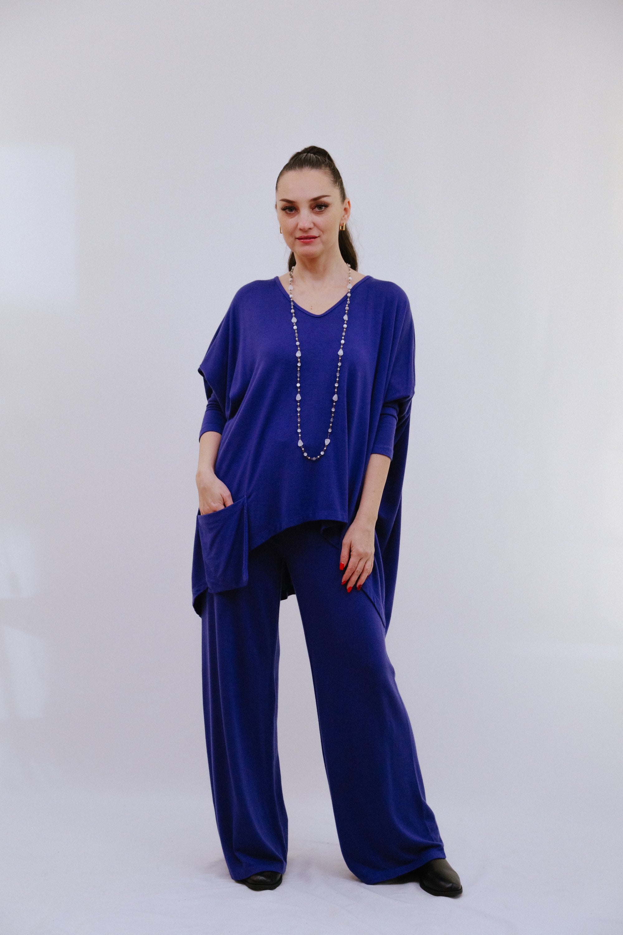 Saga V Neck One Pocket Top in Blue Front View