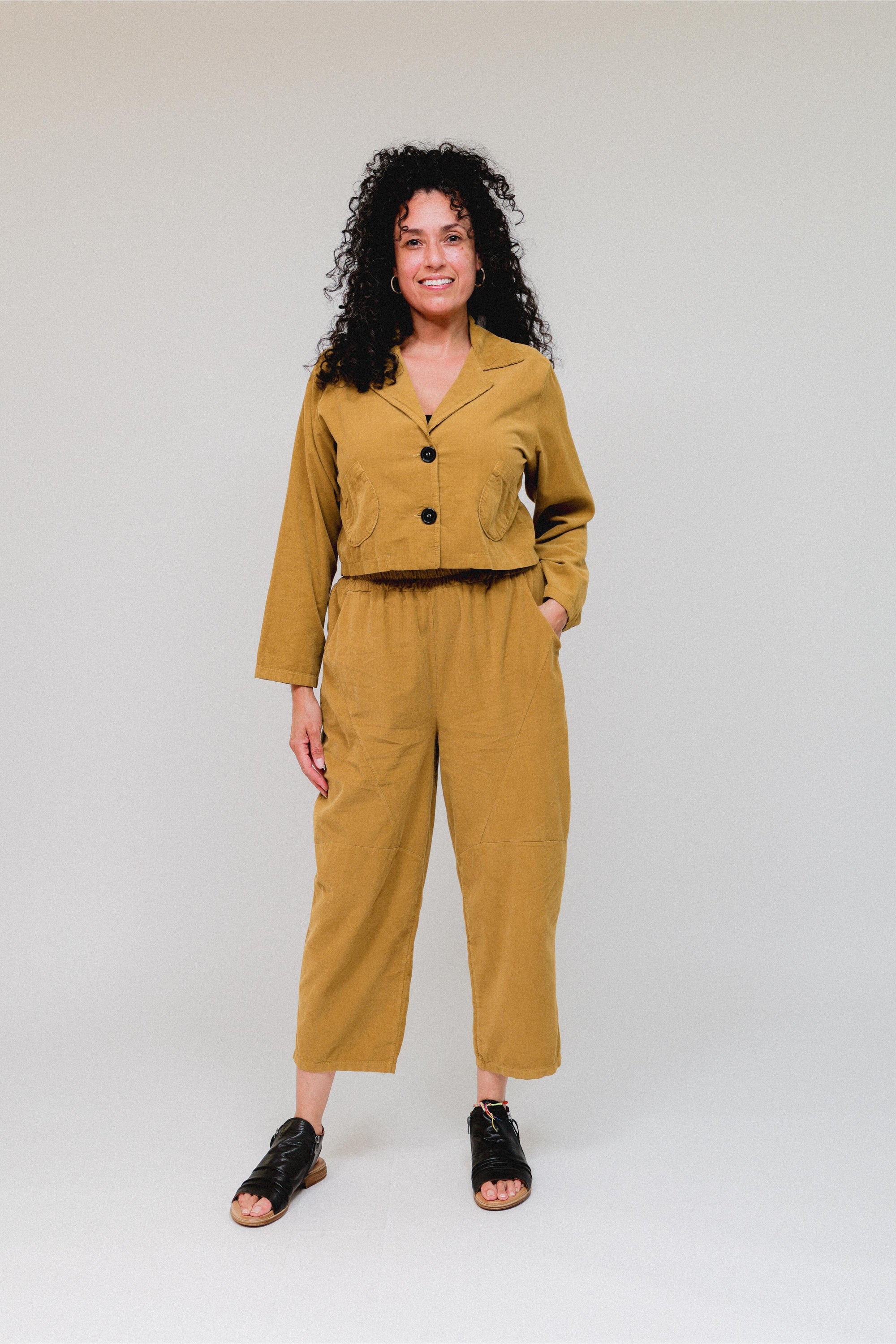 Collar Crop Cover Top in Mustard_Front