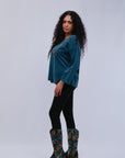 Uneven Hem Crew Neck Top in Teal_Front