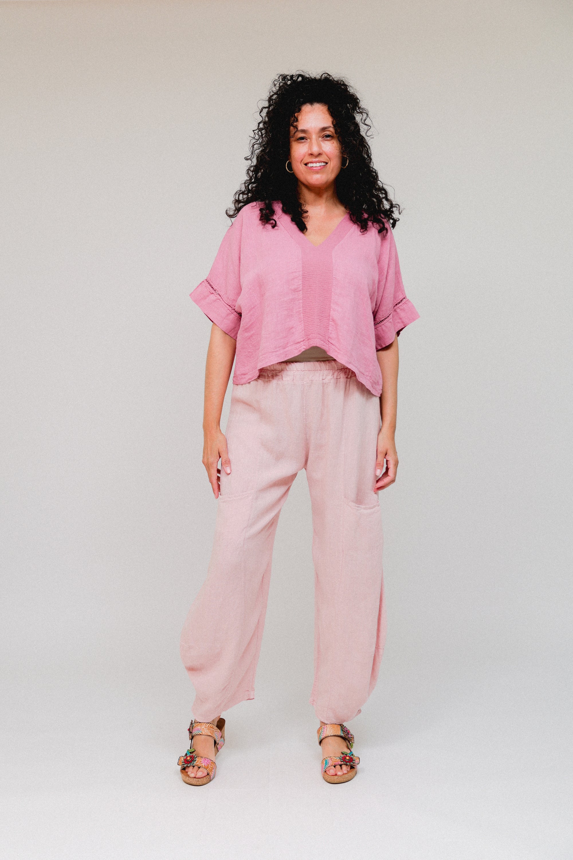 V-Neck Lace Accent Sleeve Top Pink Front