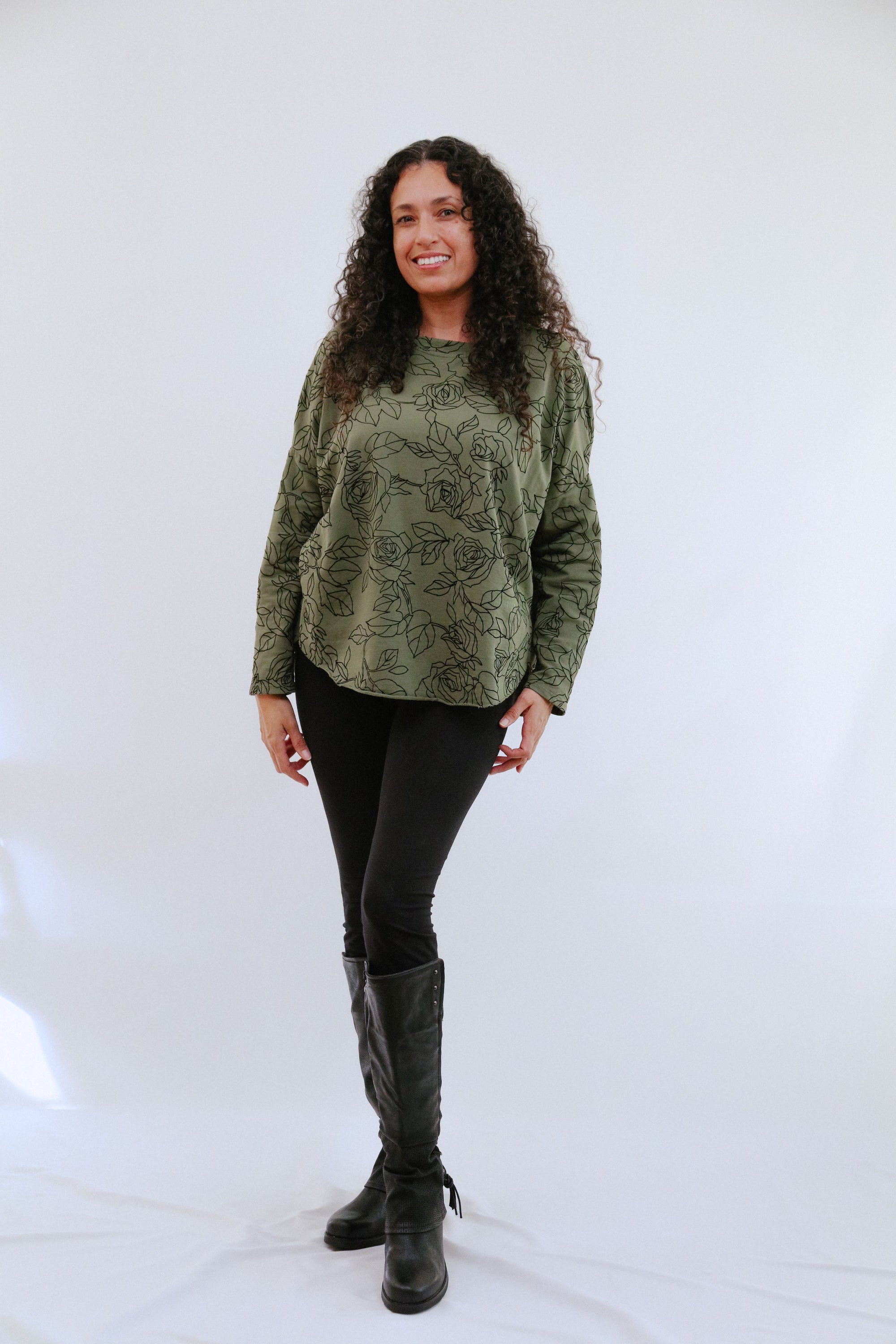 Embroidered Rose Print in Olive_Front