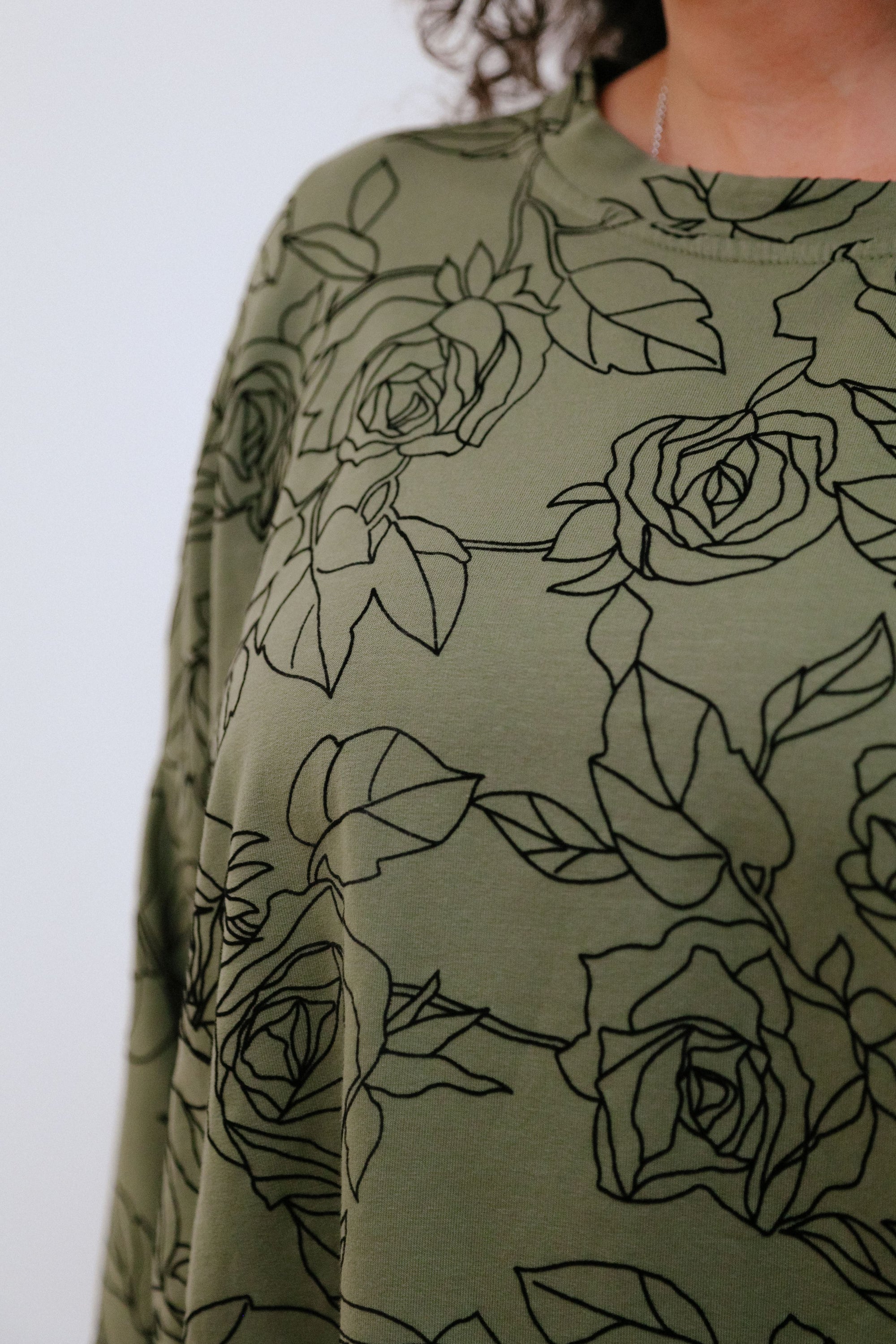 Embroidered Rose Print in Olive_Detail
