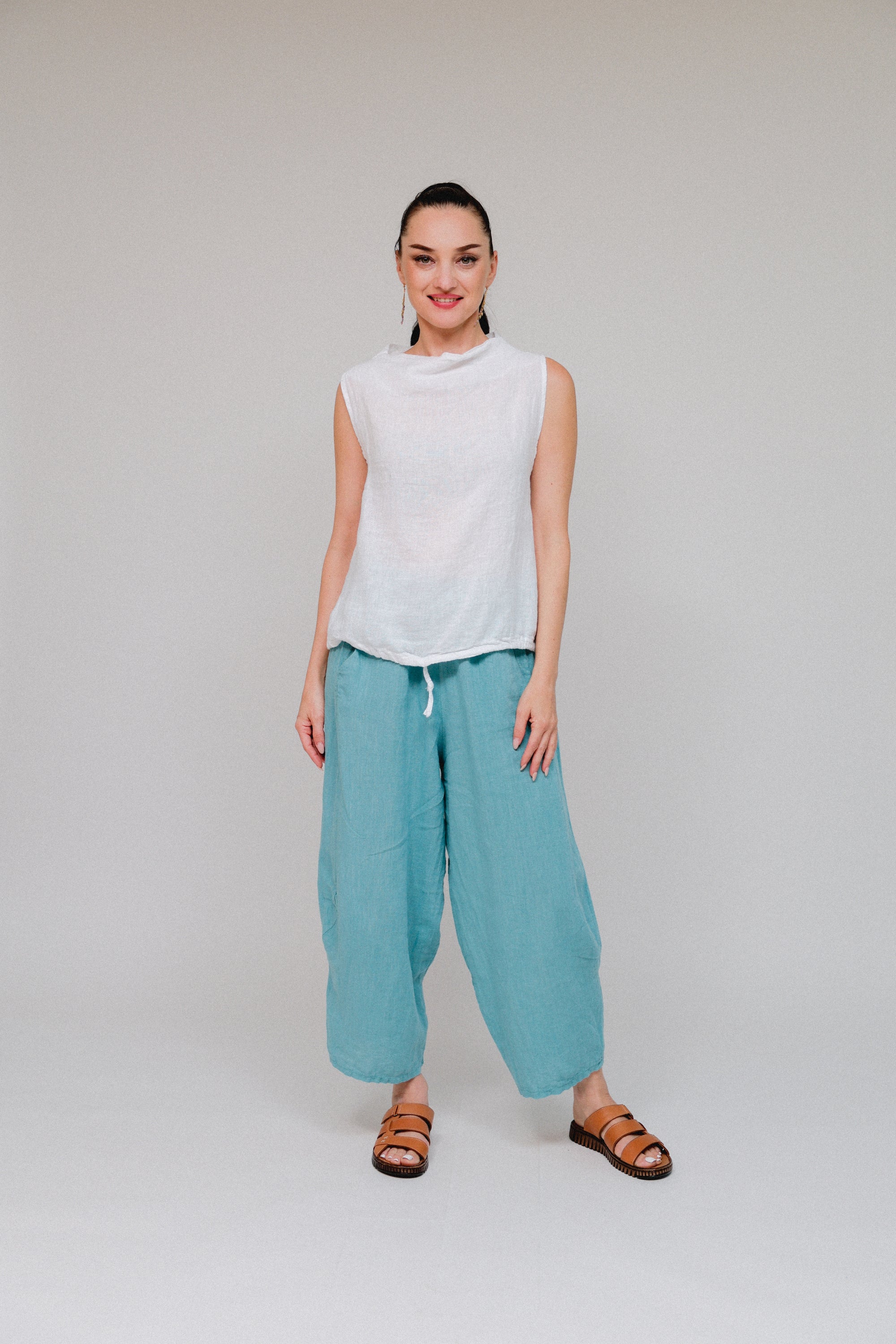 Mock Neck Drawstring Hem Top White Front