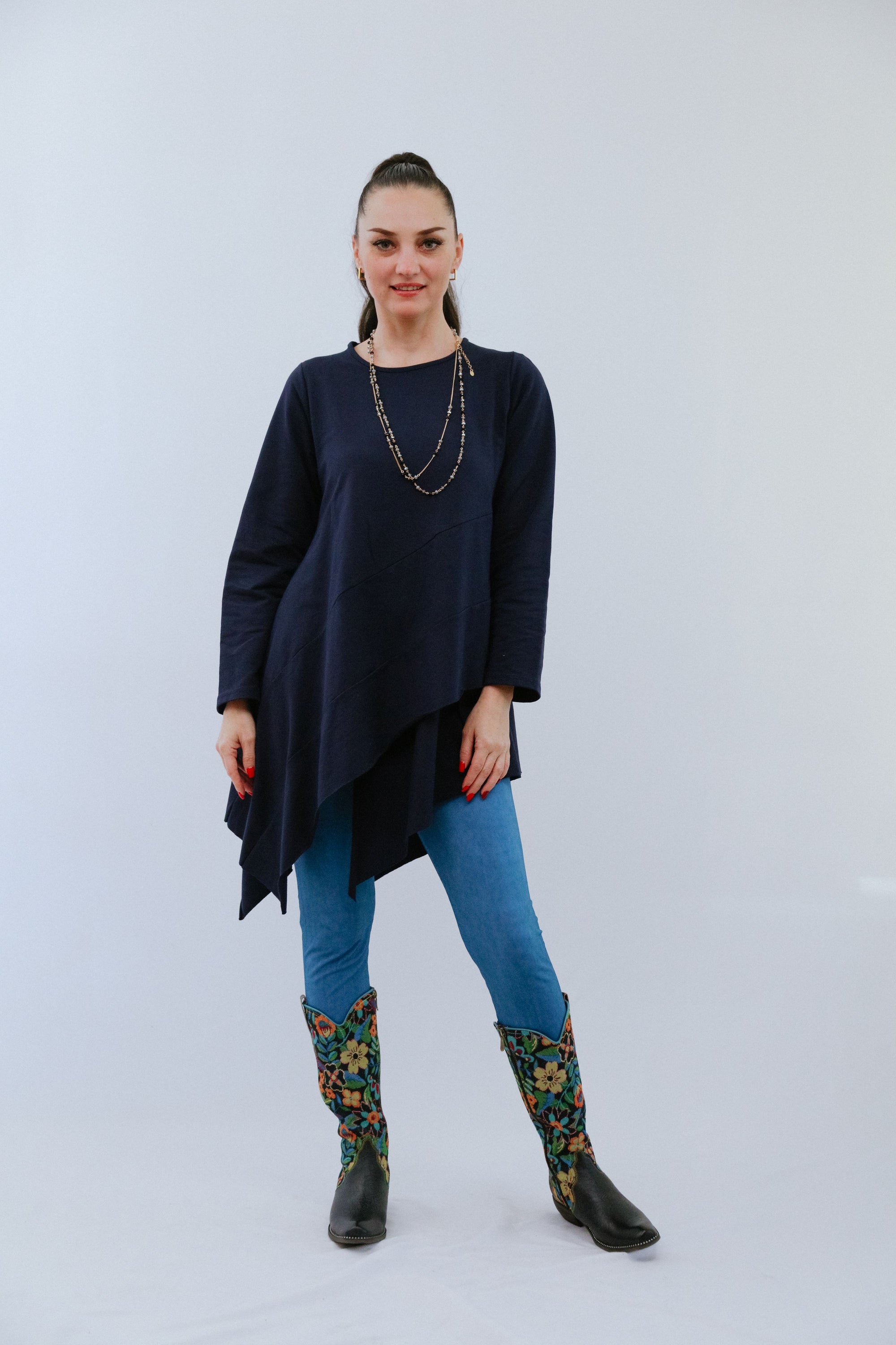 Round Neck Assym Tunic in Navy_Front
