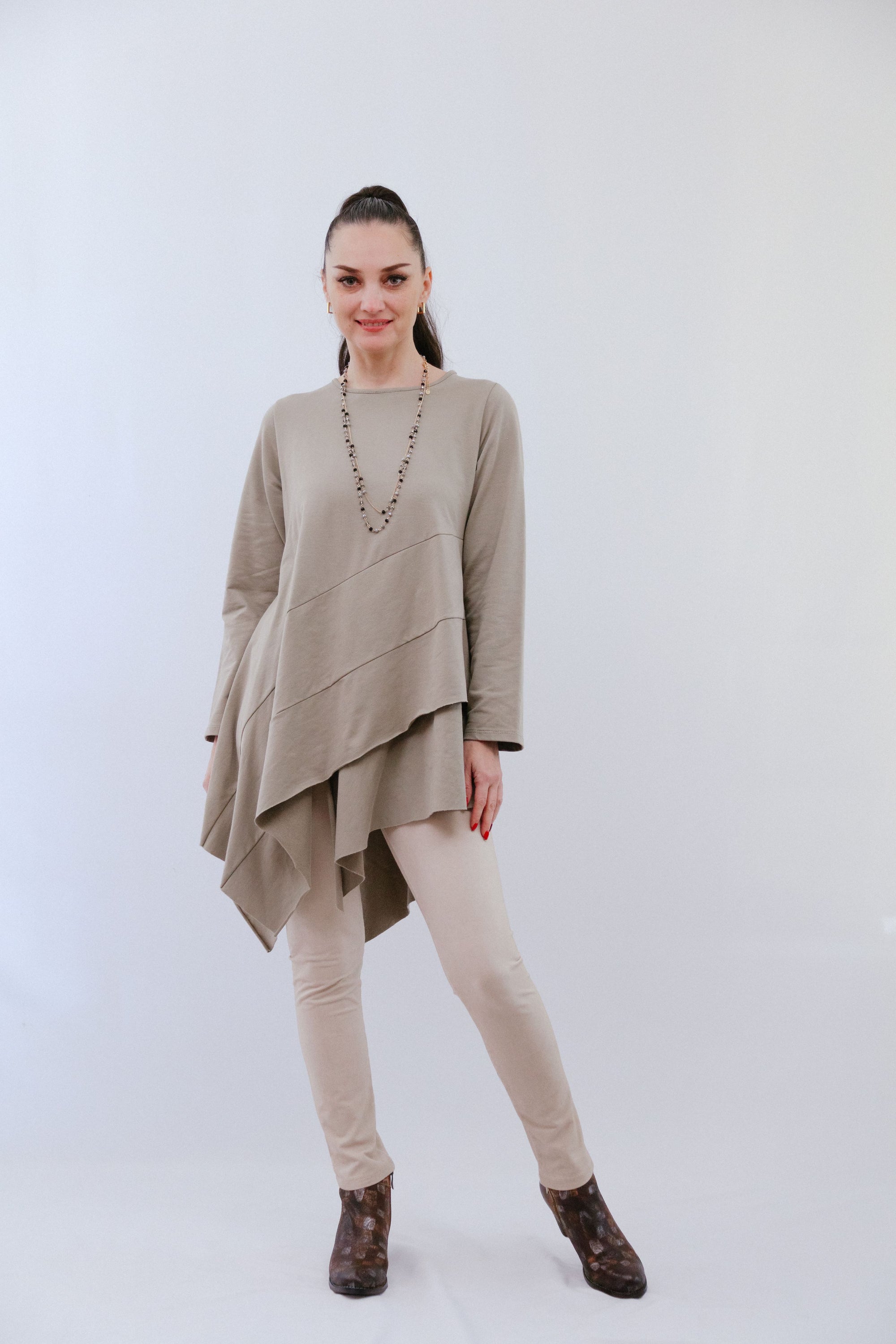 Round Neck Assym Tunic in Sand_Front