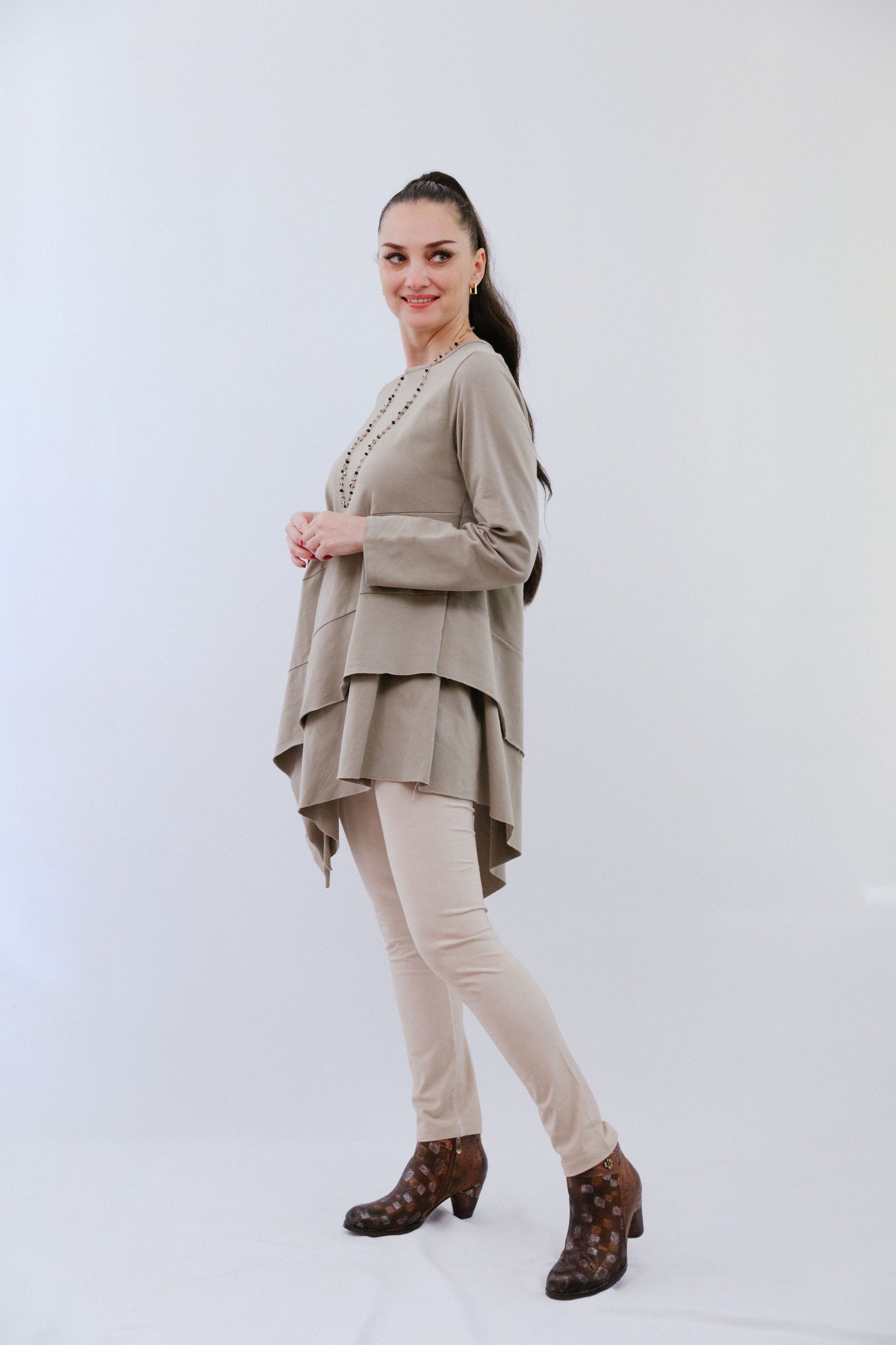 Round Neck Assym Tunic in Sand_Side