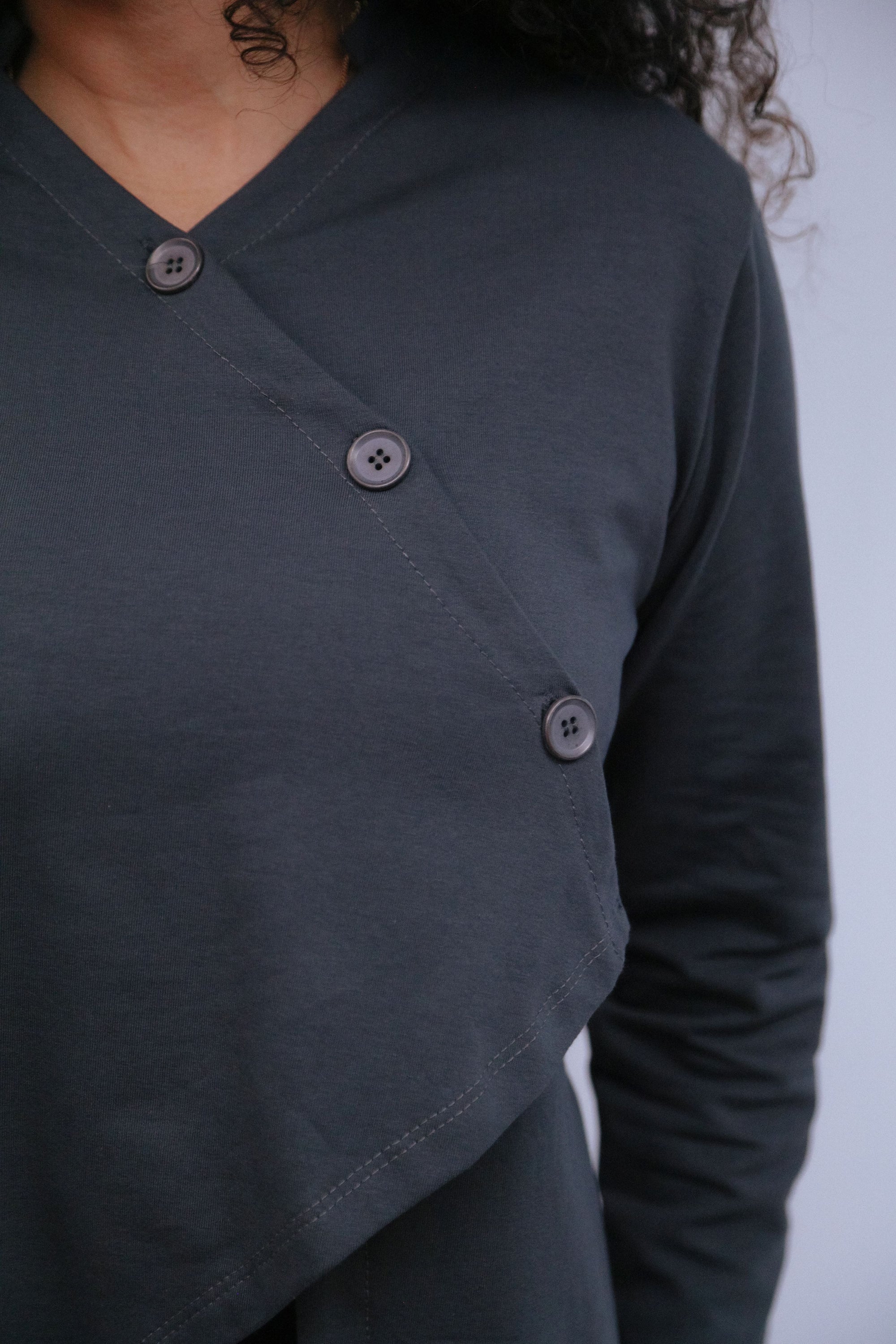 Mand Collar Assym Top in Charcoal_Button Detail
