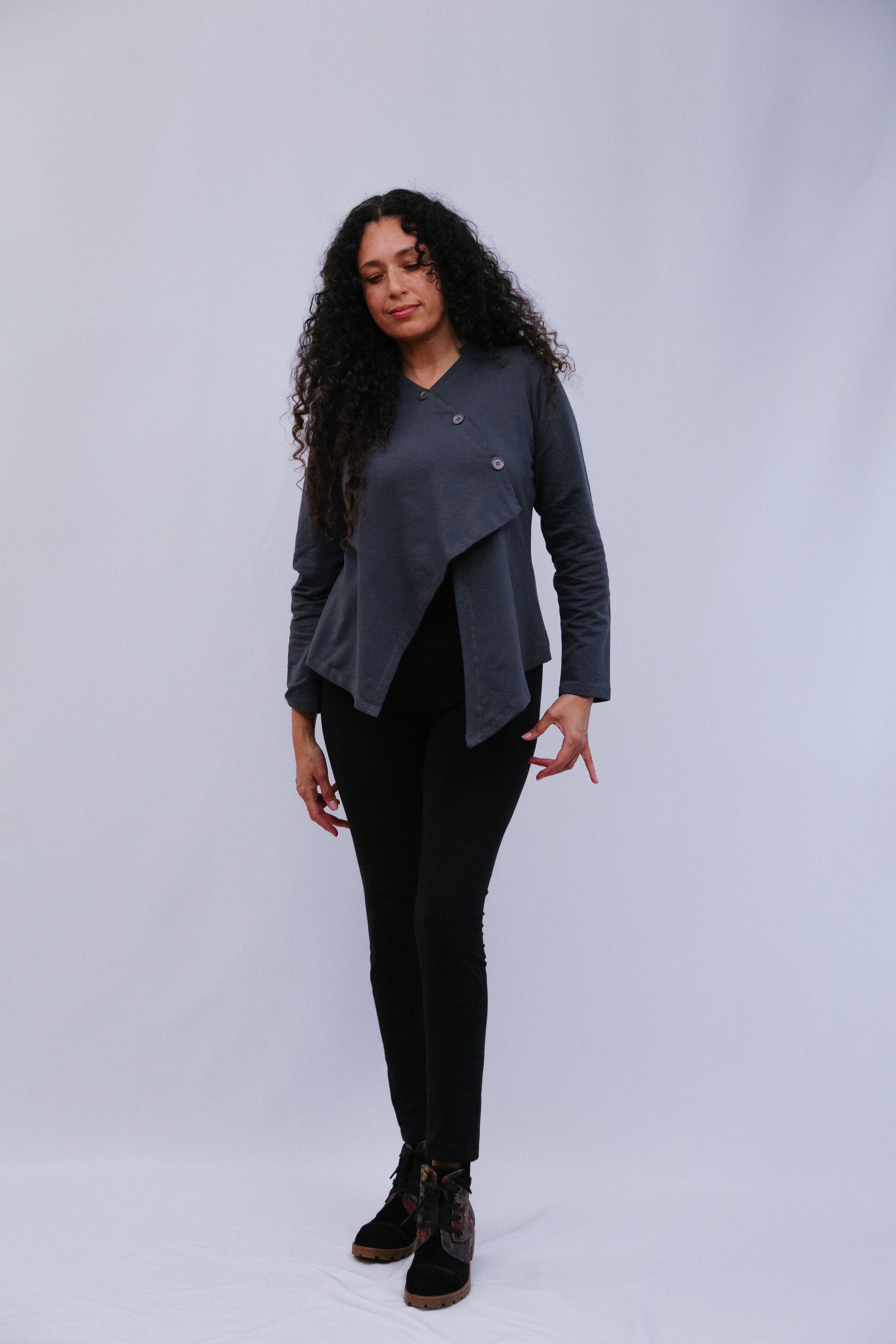 Mand Collar Assym Top in Charcoal_Front