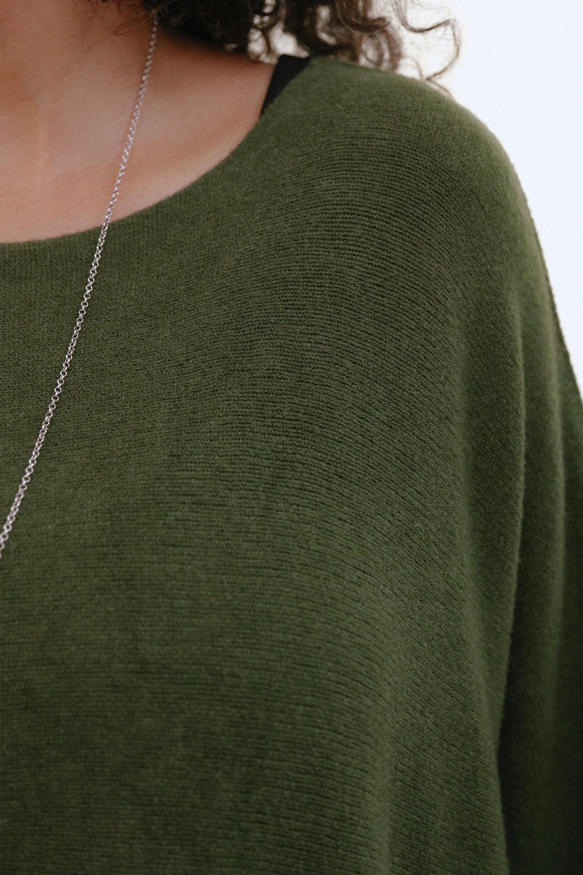 Crew Neck Extended Sleeve Top in Olive_Neckline Detail