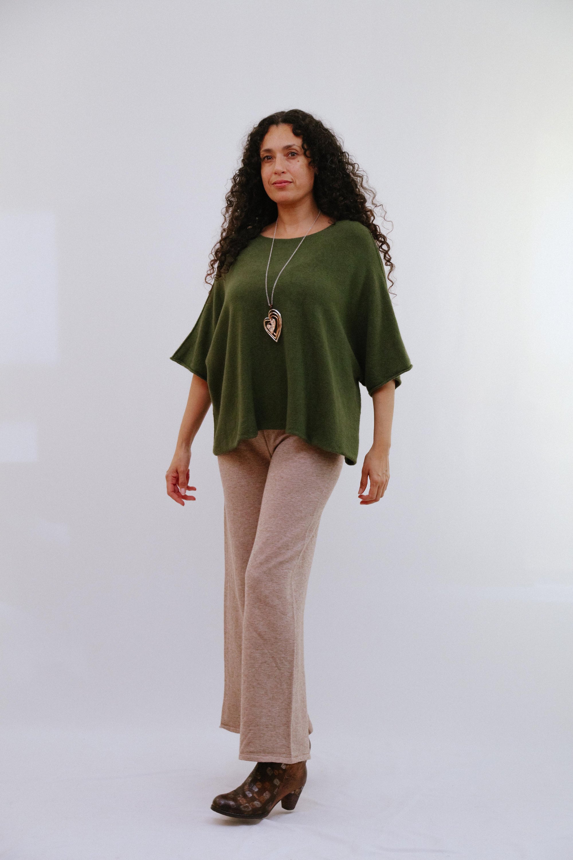 Crew Neck Extended Sleeve Top in Olive_Front