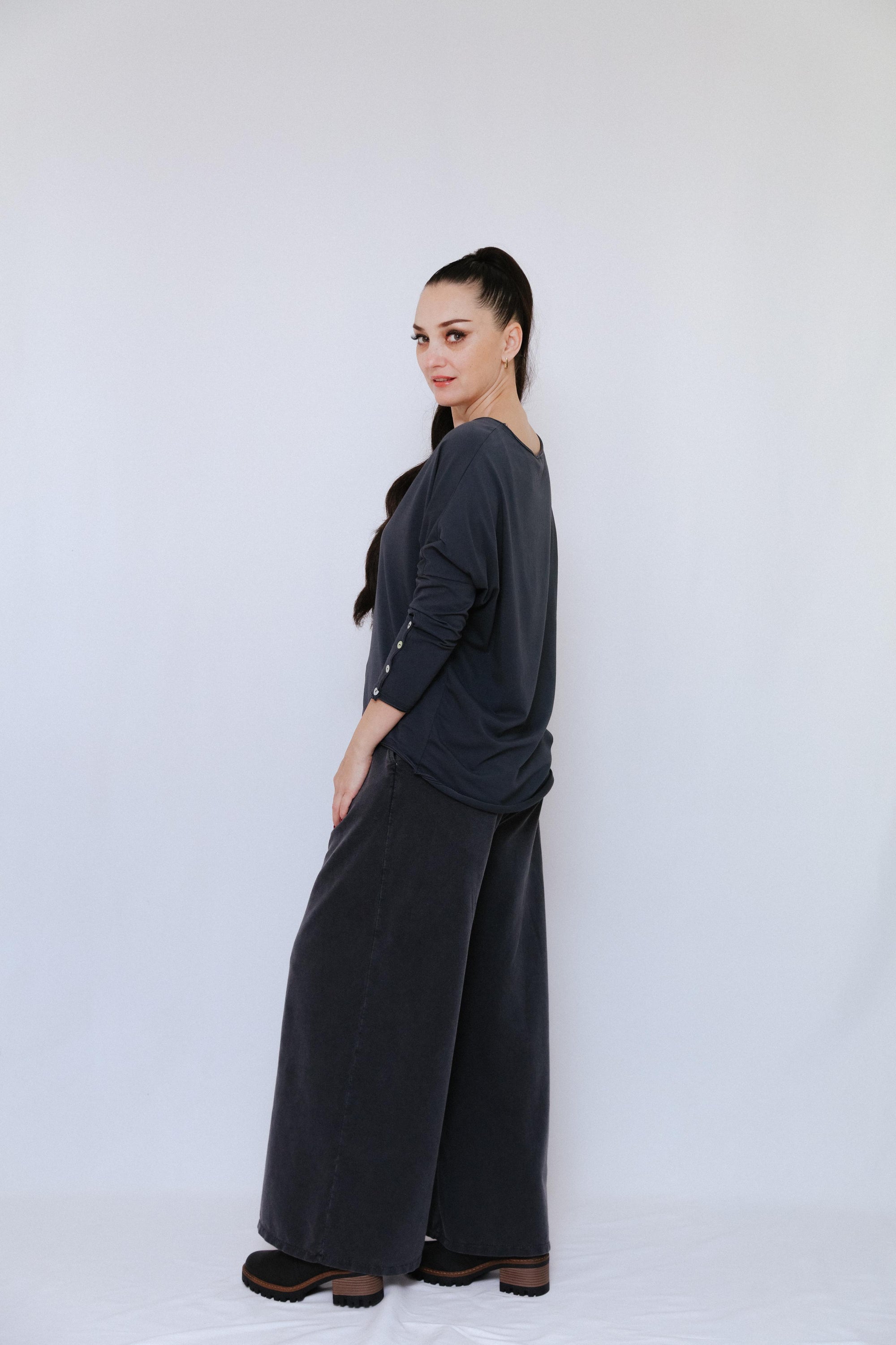 Button Sleeve Accent Top in Charcoal_Backside