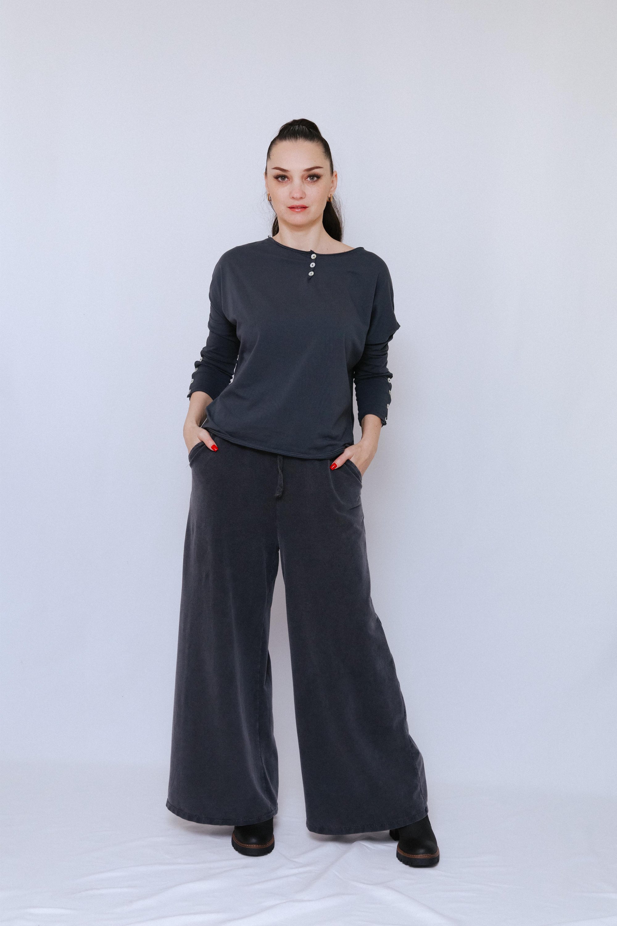Button Sleeve Accent Top in Charcoal_Front
