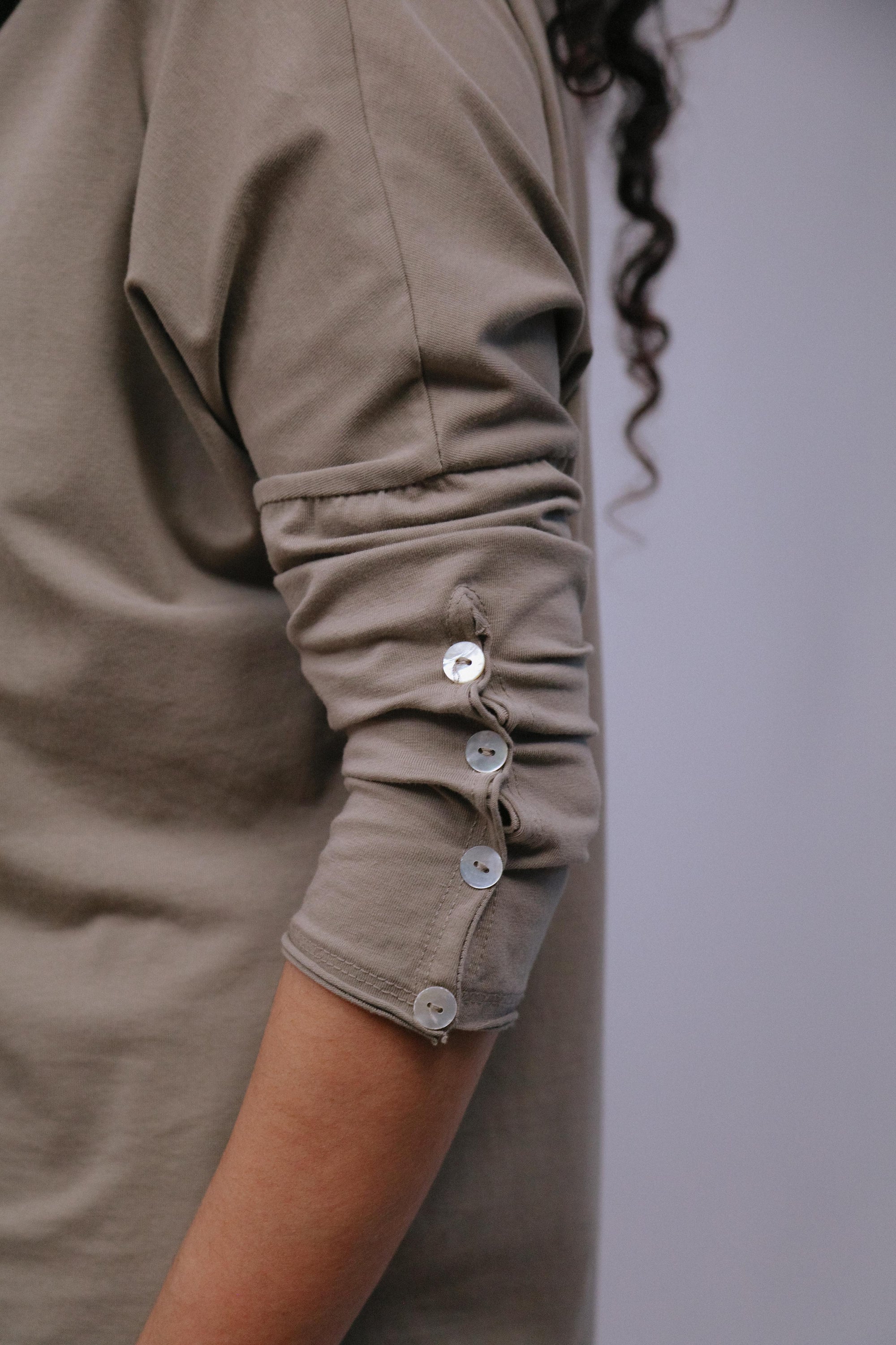 Button Sleeve Accent Top in Taupe_Sleeve Detail