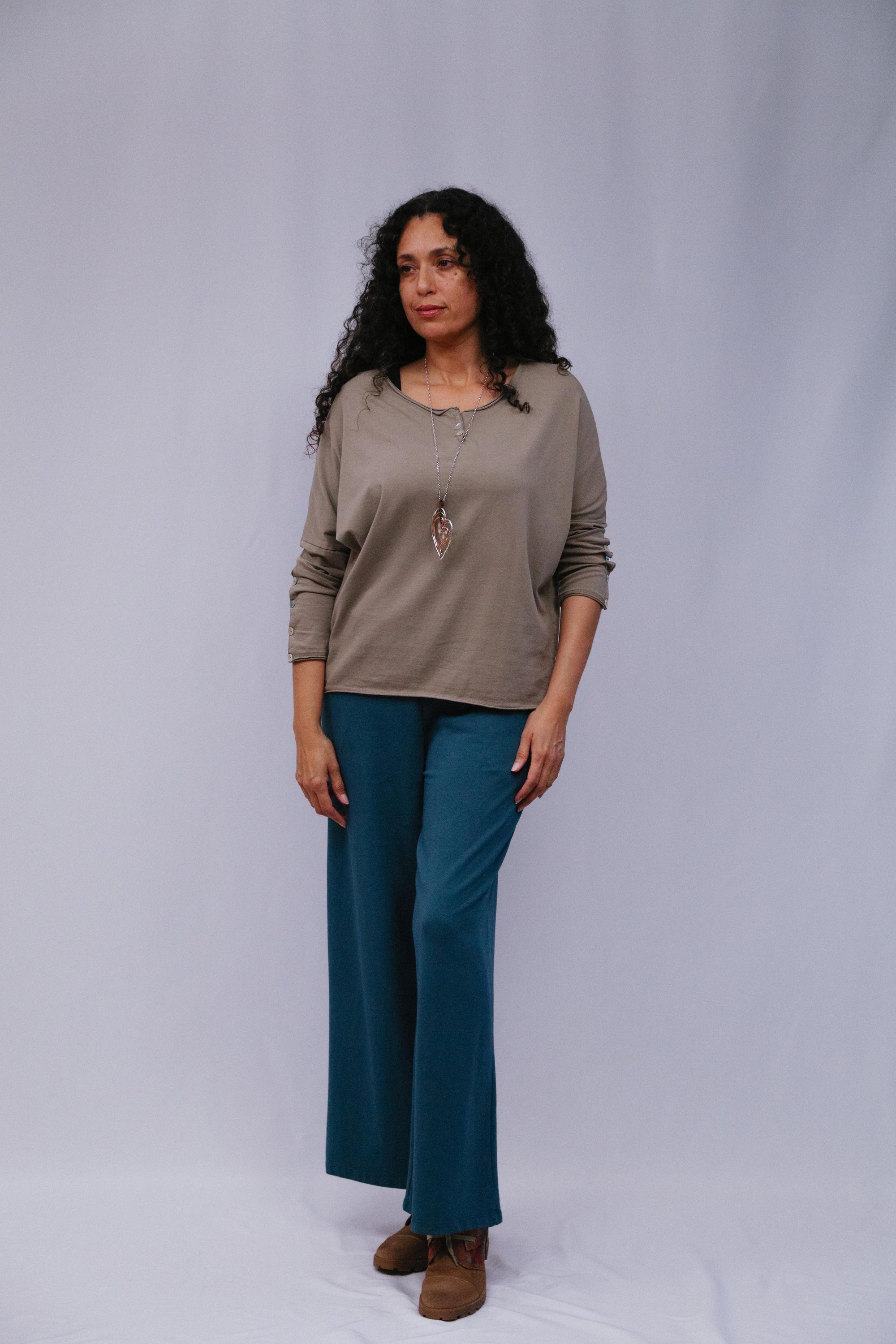 Button Sleeve Accent Top in Taupe_Front