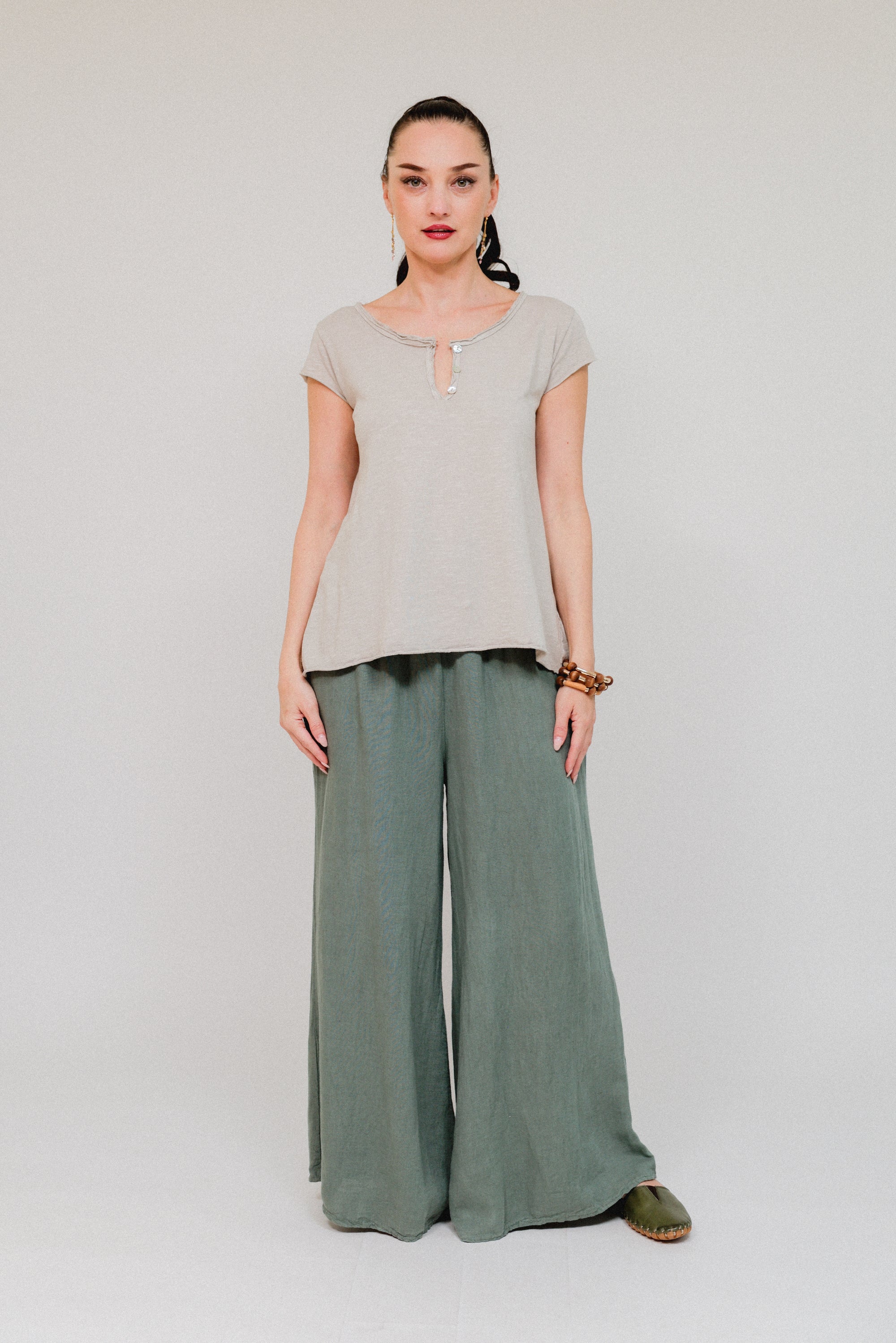 Cap Sleeve Henley Top Sand Front