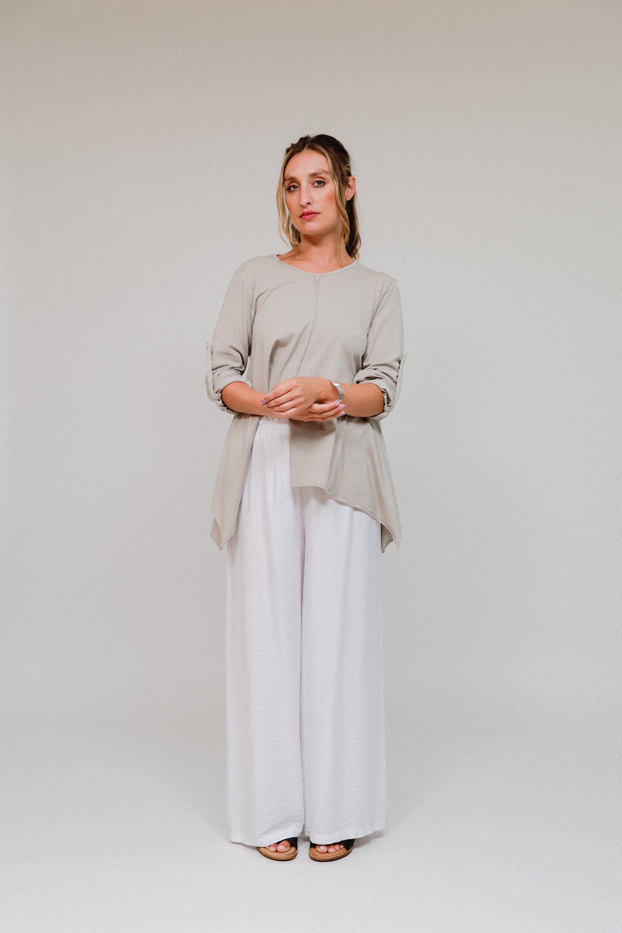Center Seam Roll-Up Sleeve Top Sand Front