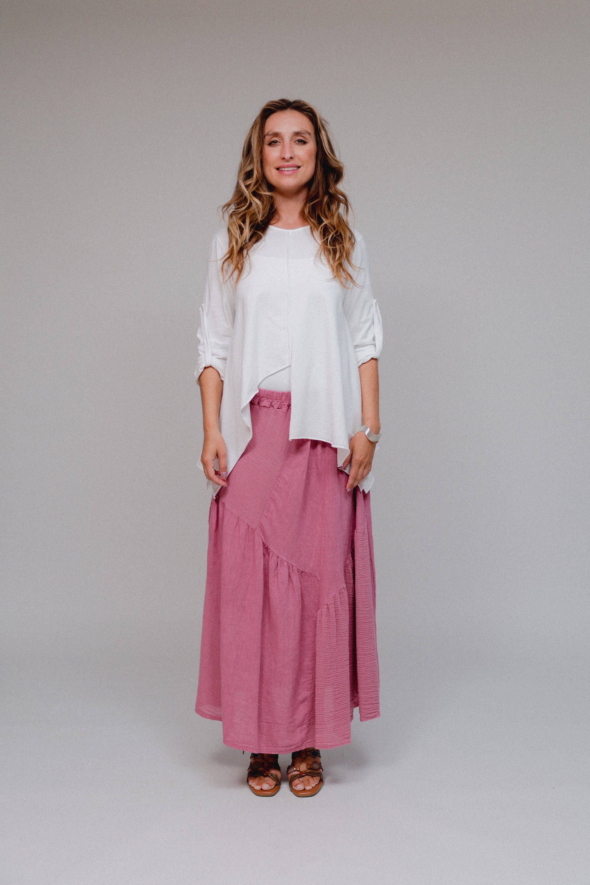 Center Seam Roll-Up Sleeve Top White Front