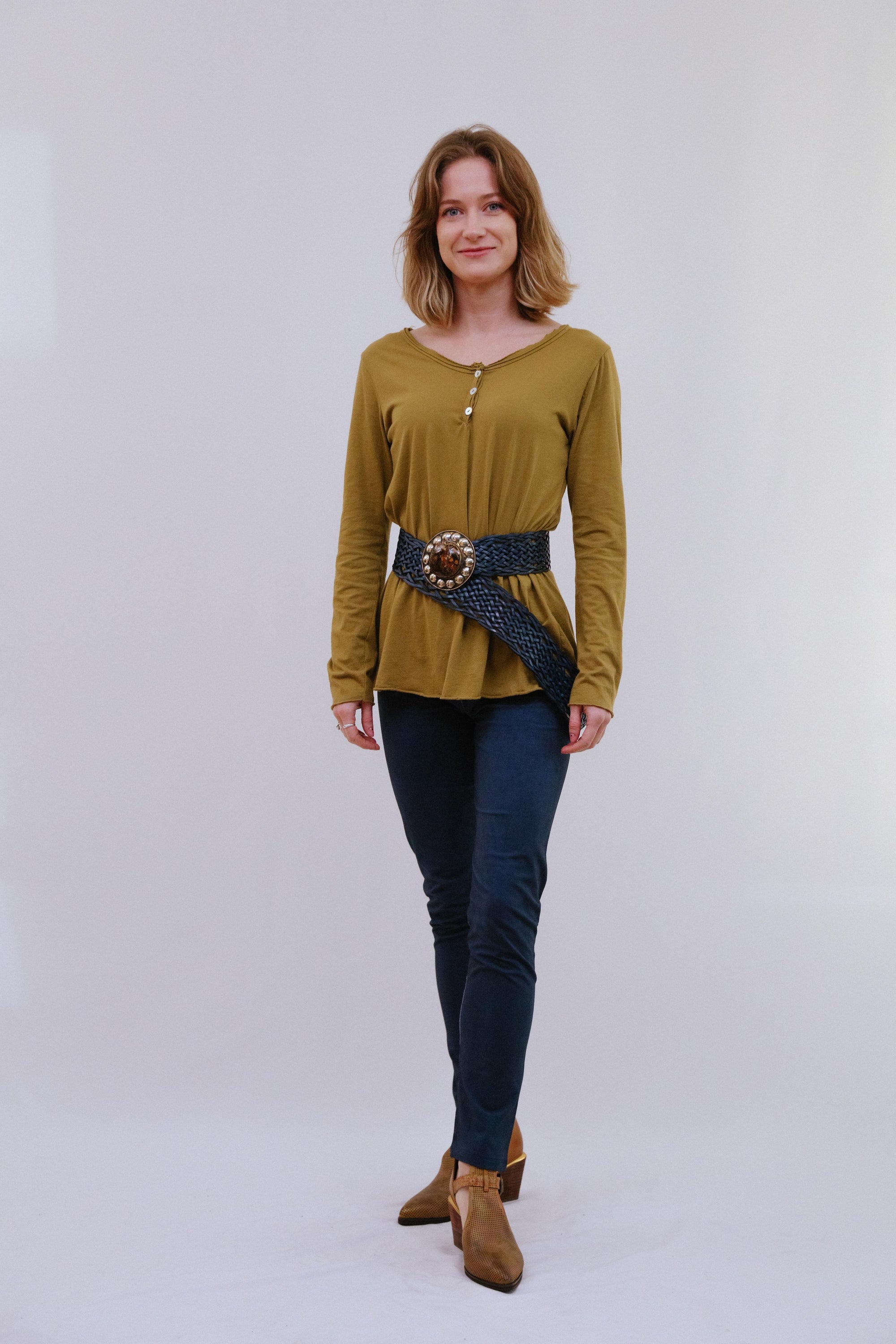 Long Sleeve Henley Top in Camel_Front