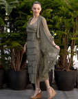 Autumn Duster in olive paired with the Ashton Frayed Maxi Dress